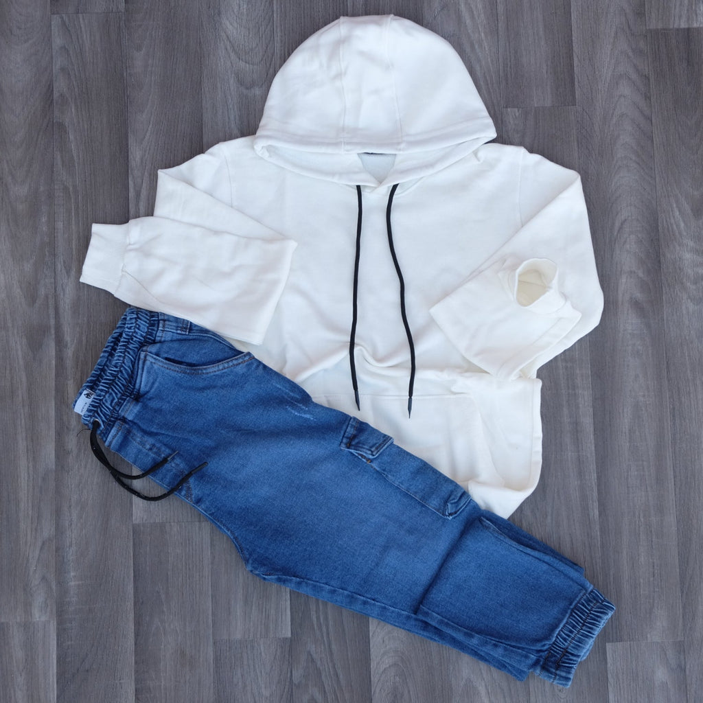 Ensemble Cargo Jeans Délavé Bleu + Capuche Cotton Blanc