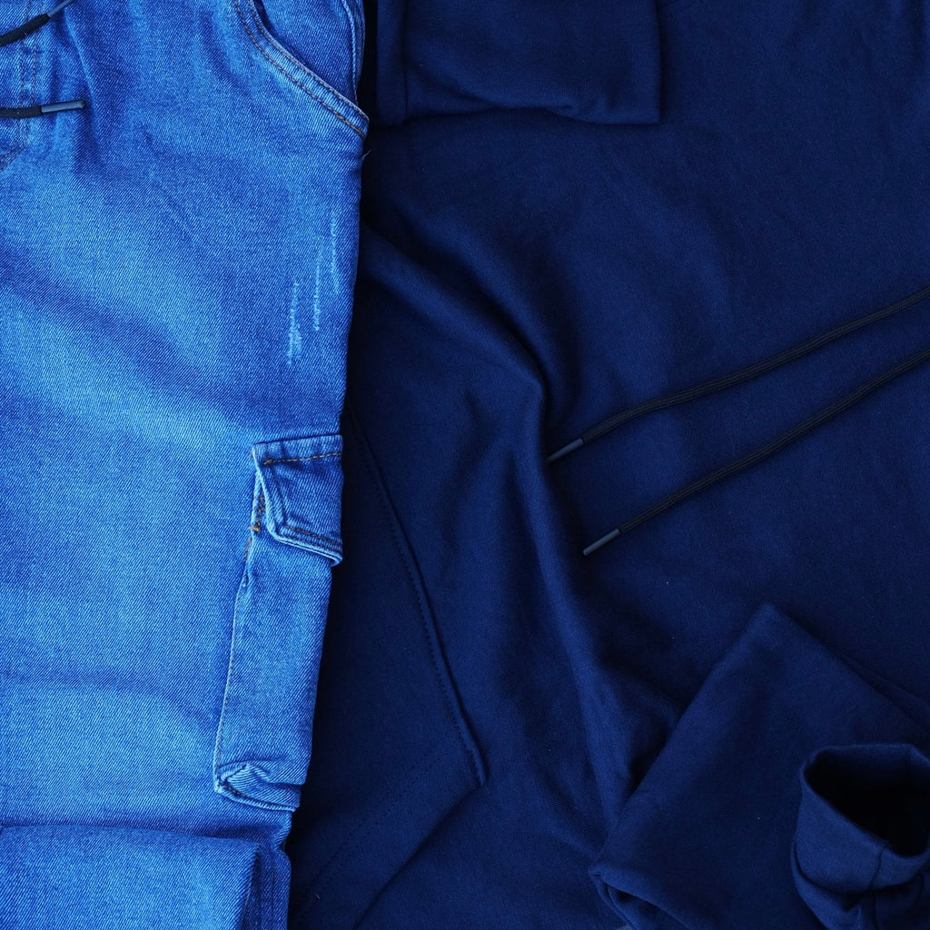 Ensemble Cargo Jeans Délavé Bleu + Capuche Cotton Bleu Marine