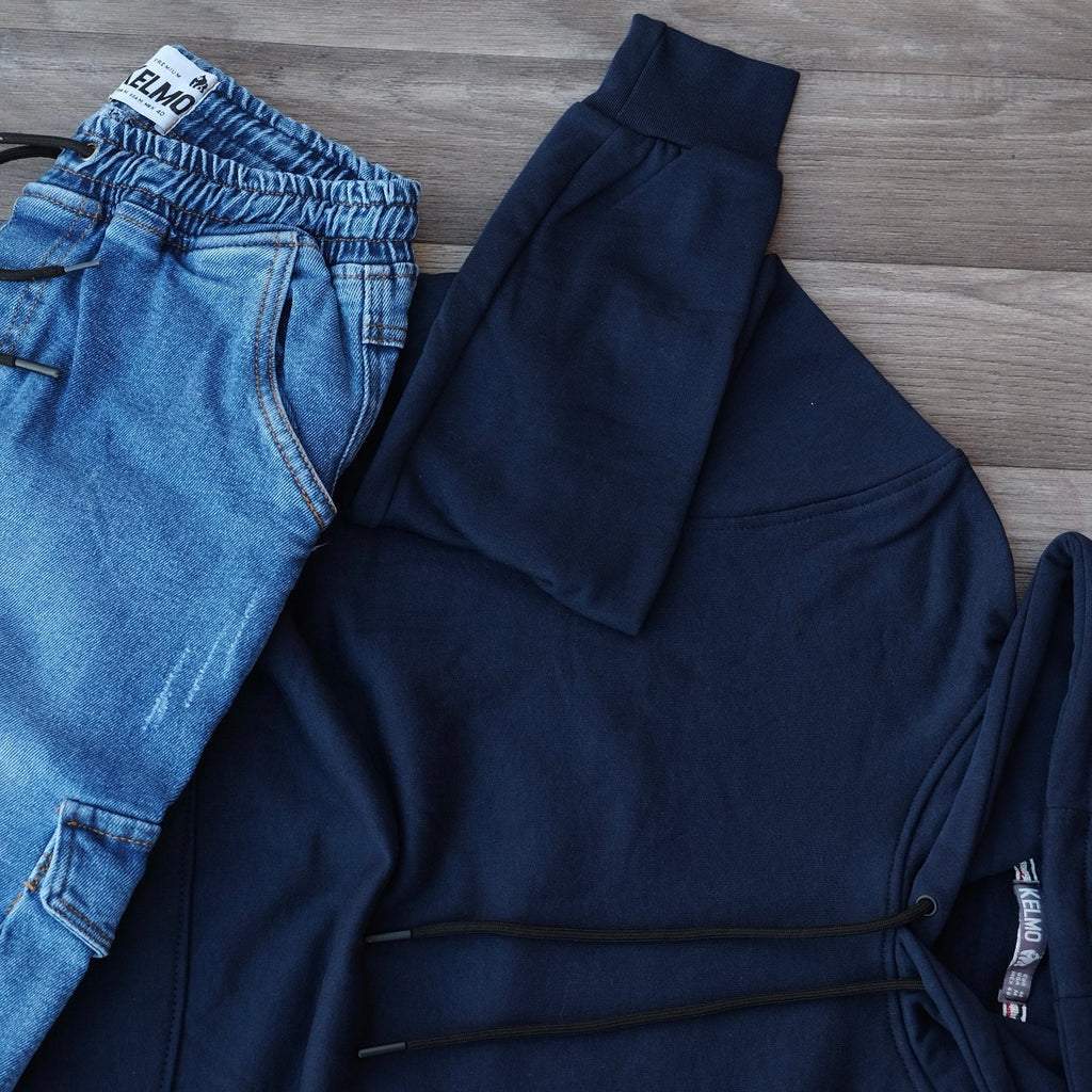 Ensemble Cargo Jeans Délavé Bleu + Capuche Cotton Bleu Marine