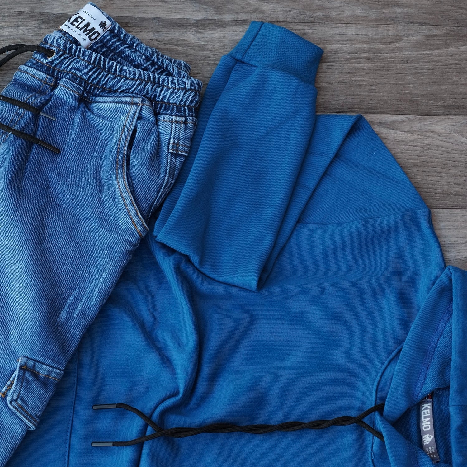 Ensemble Cargo Jeans Délavé Bleu + Capuche Cotton Bleu Roi