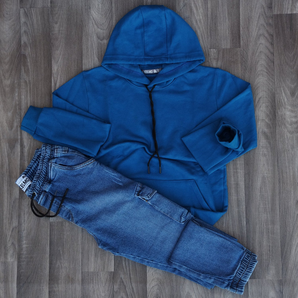 Ensemble Cargo Jeans Délavé Bleu + Capuche Cotton Bleu Roi