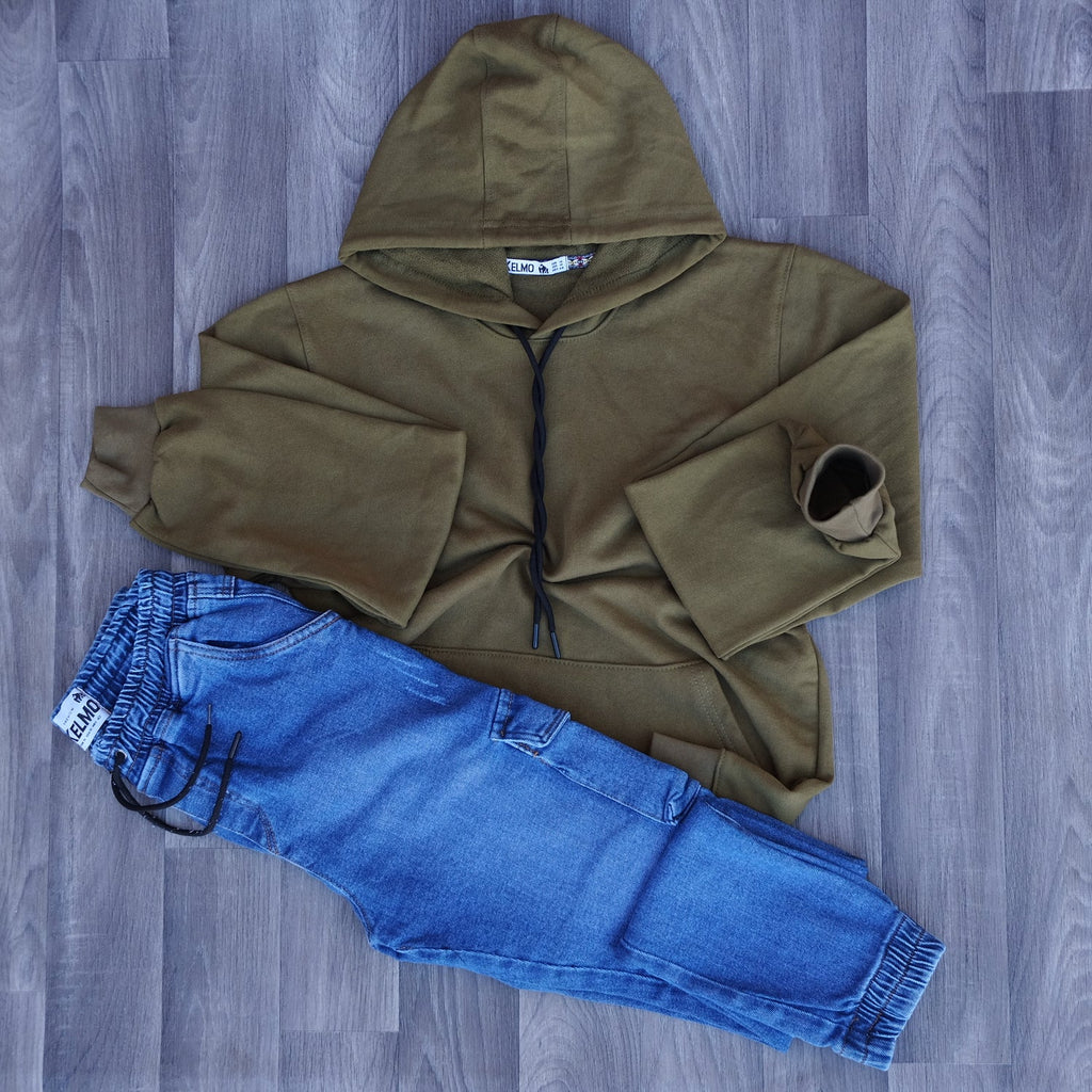 Ensemble Cargo Jeans Délavé Bleu + Capuche Cotton Kaki