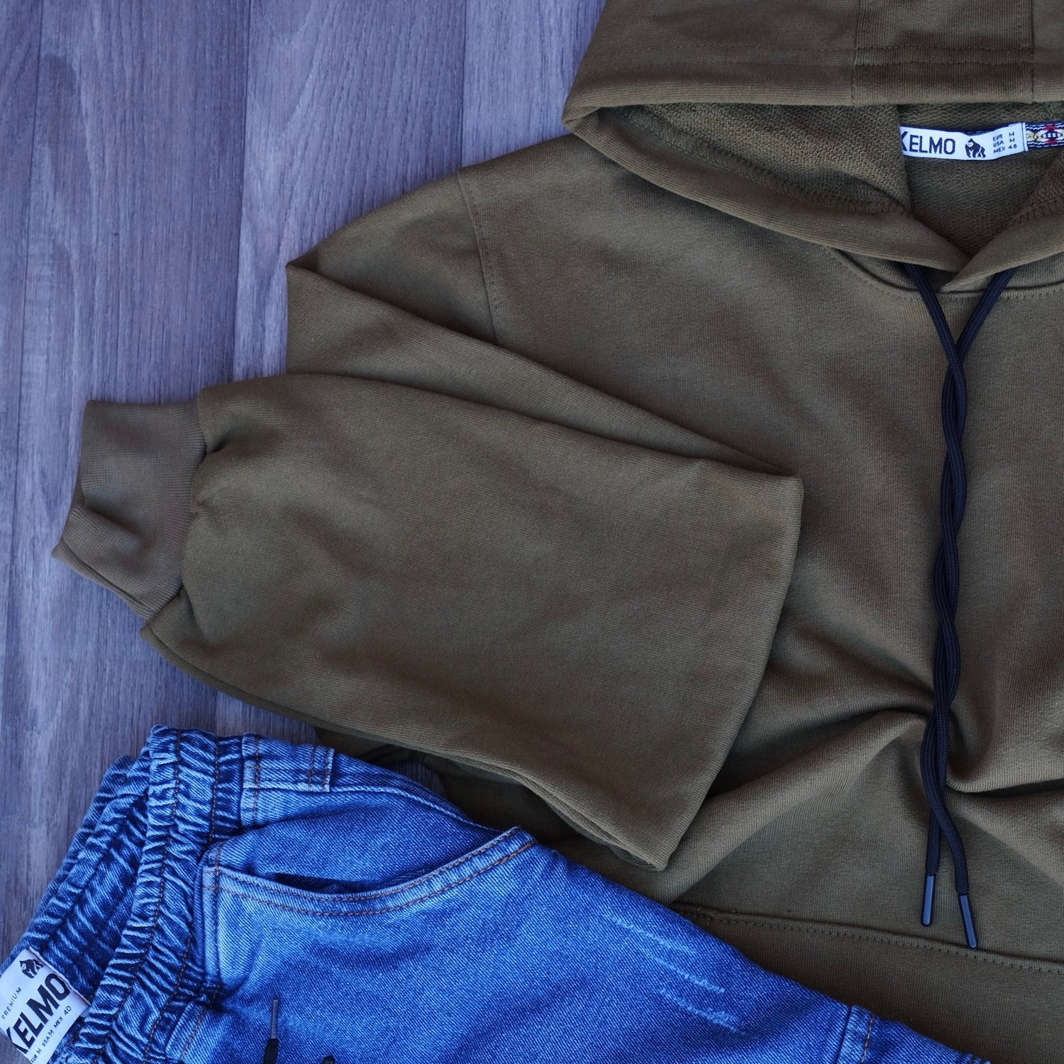 Ensemble Cargo Jeans Délavé Bleu + Capuche Cotton Kaki