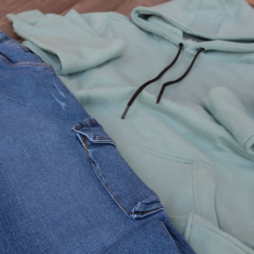 Ensemble Cargo Jeans Délavé Bleu + Capuche Cotton Vert Eau