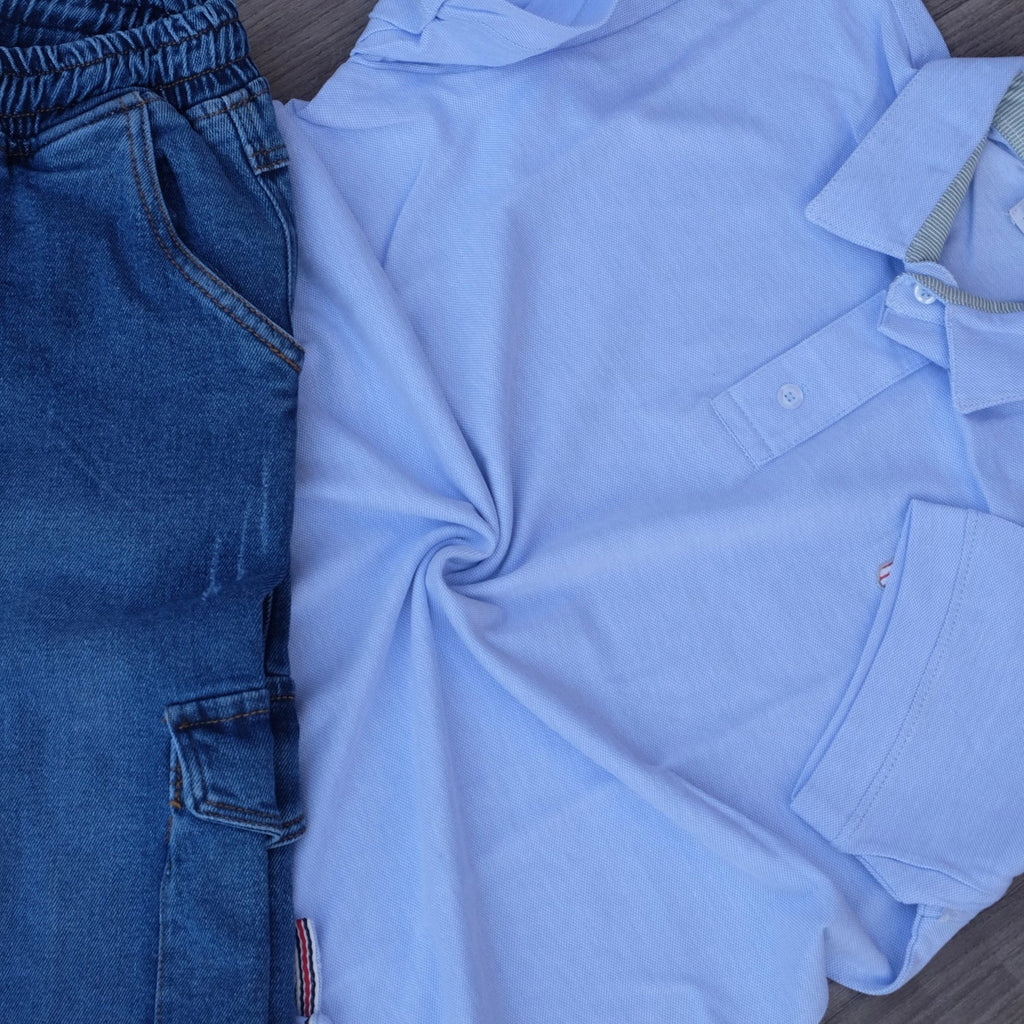 Ensemble Cargo Jeans Délavé Bleu + Polo Bleu Ciel
