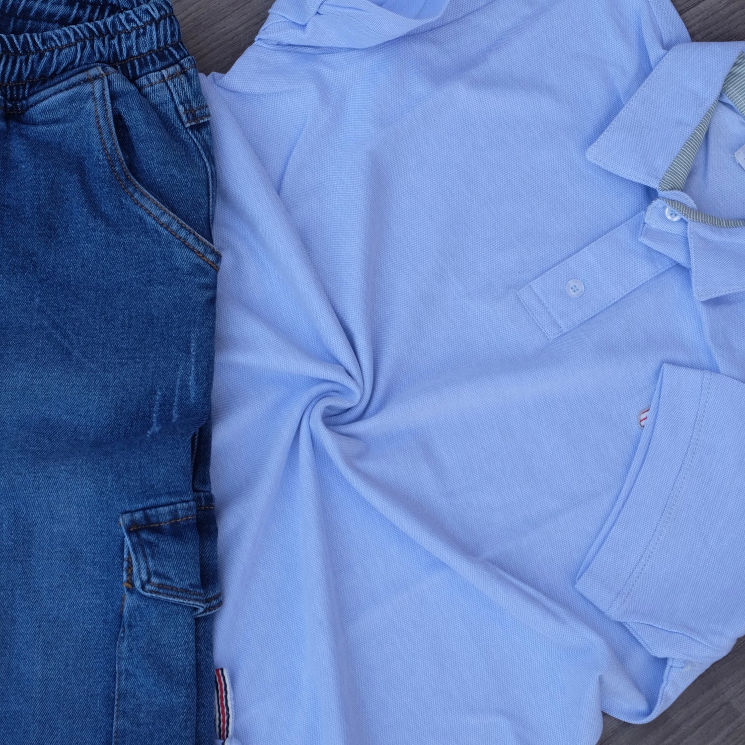 Ensemble Cargo Jeans Délavé Bleu + Polo Bleu Ciel