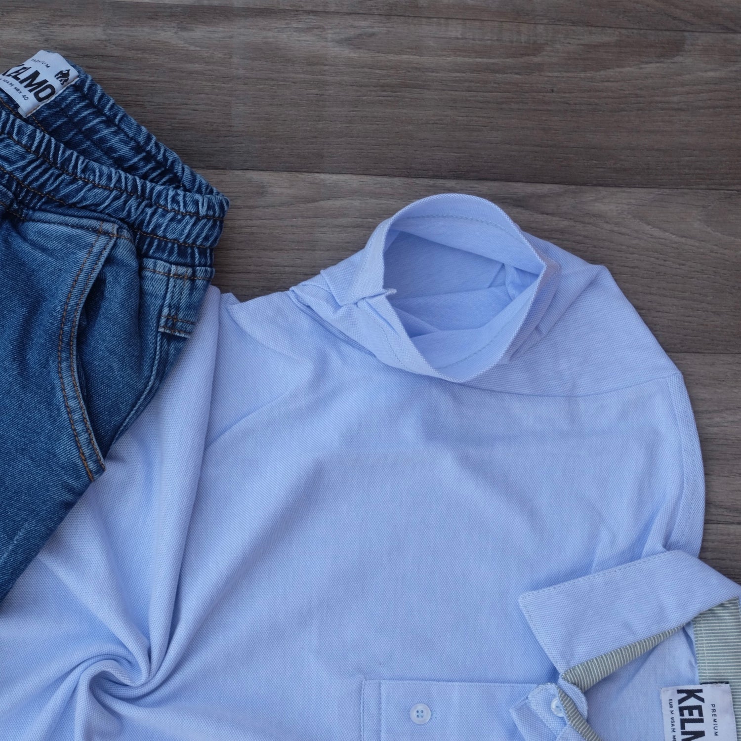 Ensemble Cargo Jeans Délavé Bleu + Polo Bleu Ciel
