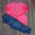 Ensemble Cargo Jeans Délavé Bleu + Polo Rose fushia