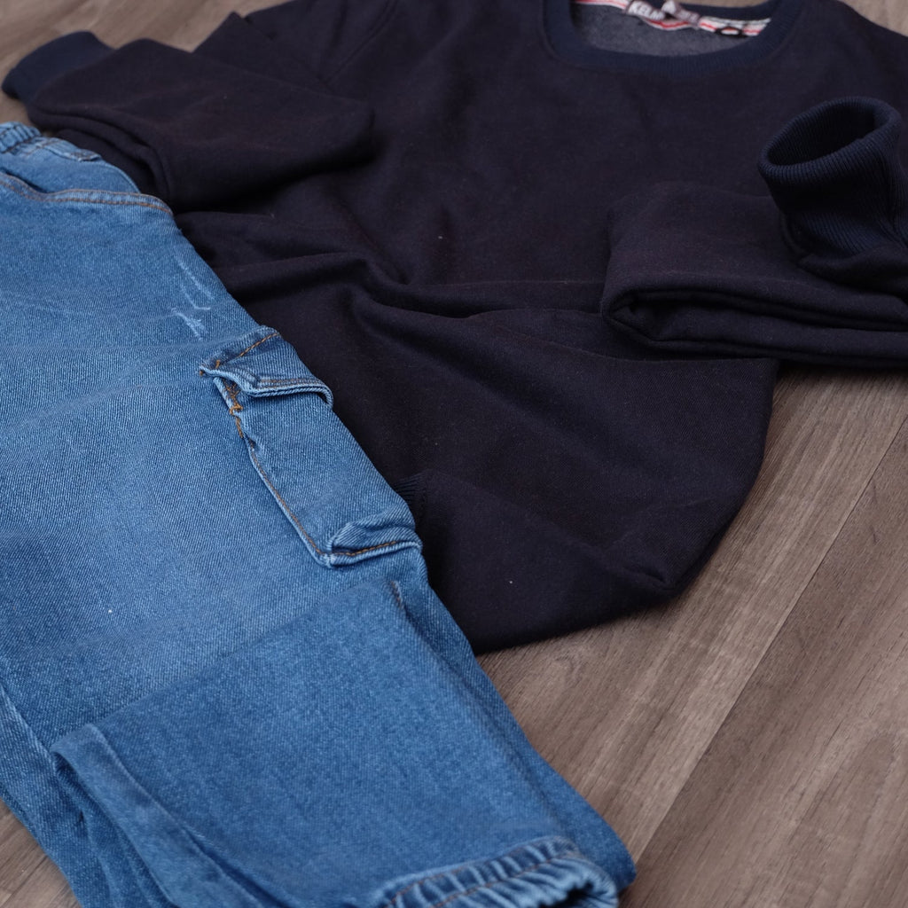Ensemble Cargo Jeans Délavé Bleu + Sweat Bleu Marine