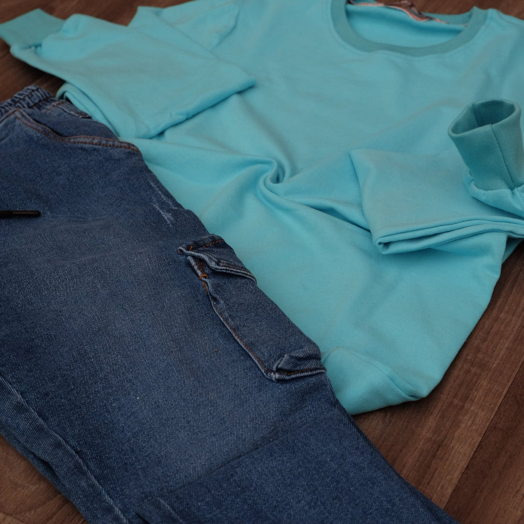 Ensemble Cargo Jeans Délavé Bleu + Sweat Turquoise