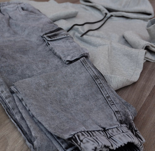 Ensemble Cargo Jeans Délavé Gris + Capuche Cotton Gris Chine Clair