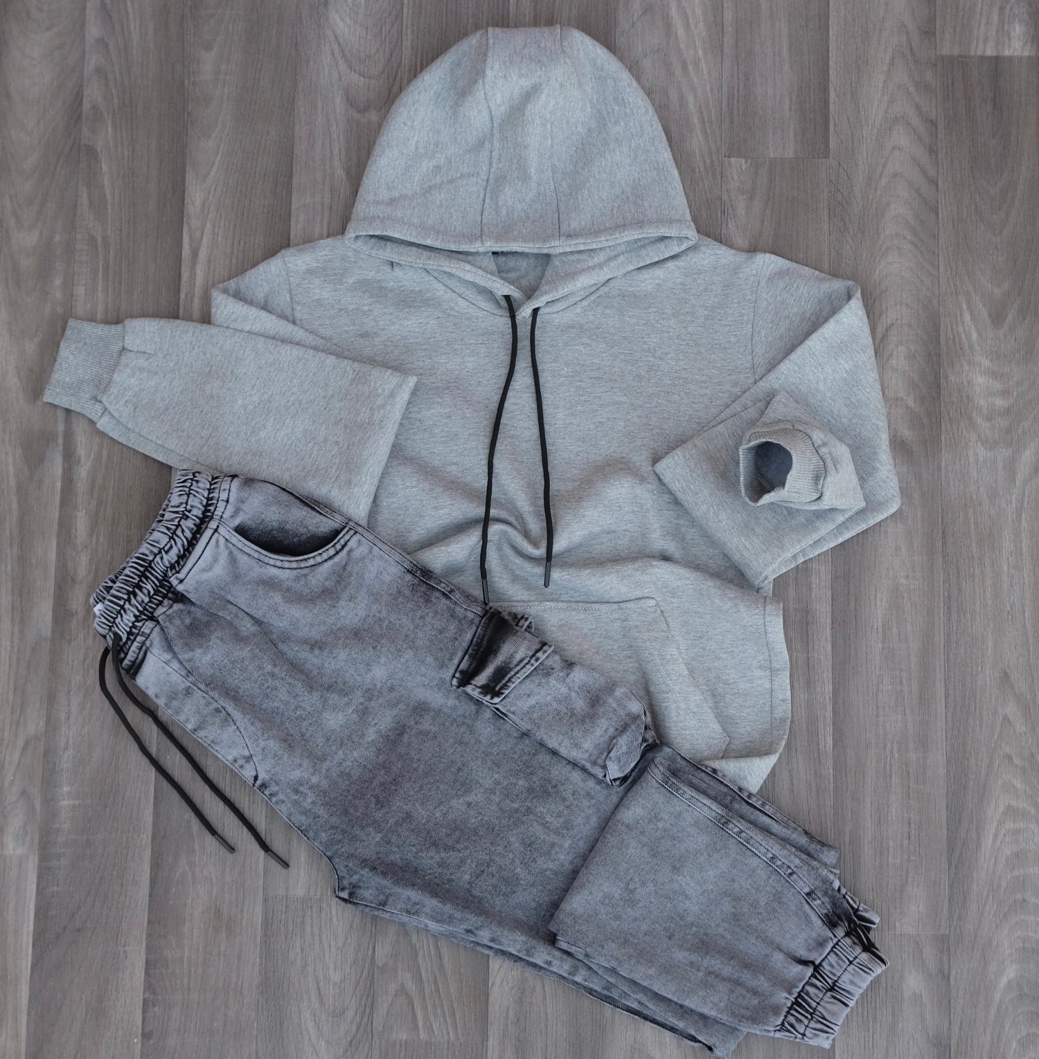 Ensemble Cargo Jeans Délavé Gris + Capuche Cotton Gris Chine Clair
