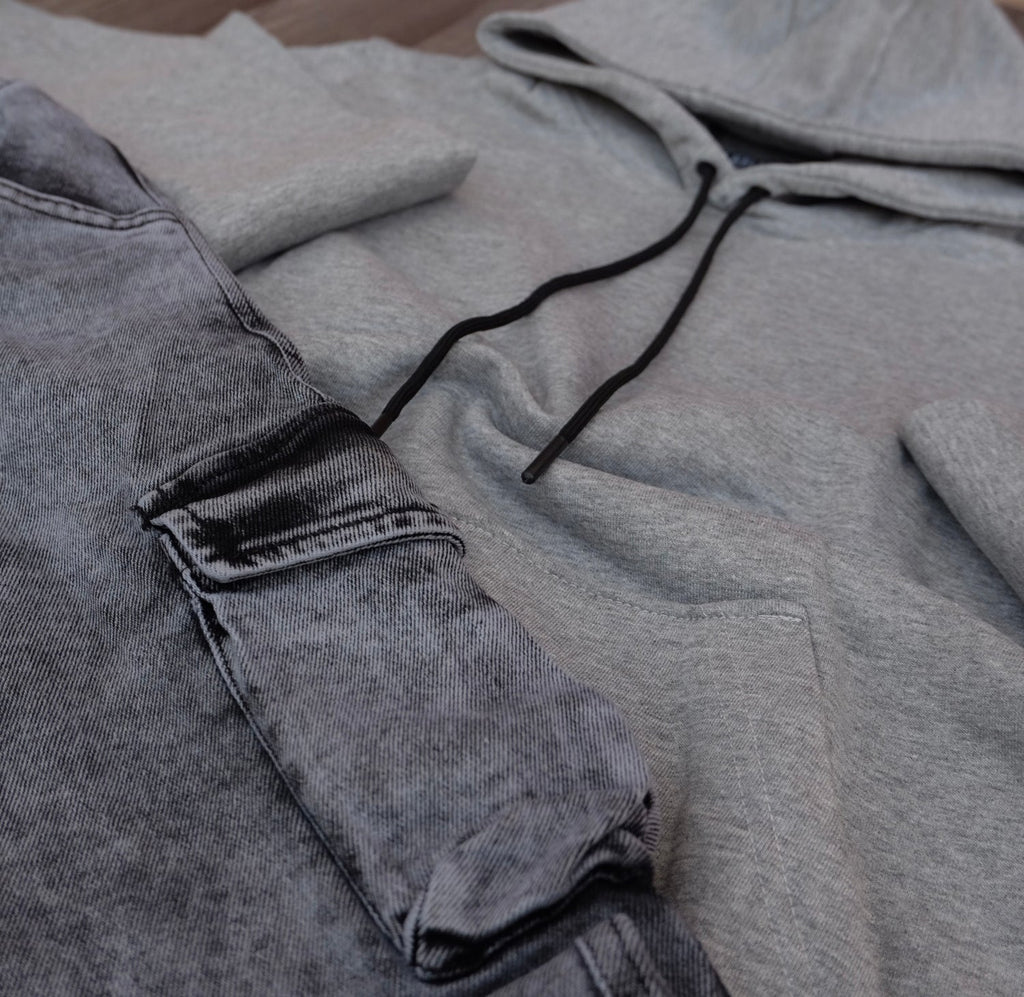 Ensemble Cargo Jeans Délavé Gris + Capuche Cotton Gris Chine Clair