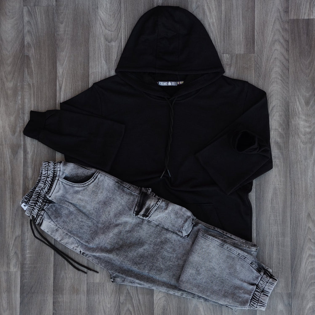 Ensemble Cargo Jeans Délavé Gris + Sweat à Capuche Coton Noir