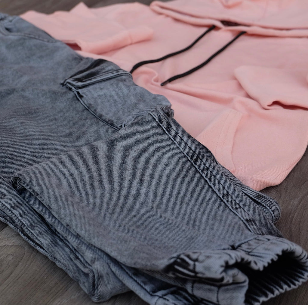 Ensemble Cargo Jeans Délavé Gris + Capuche Cotton Saumon