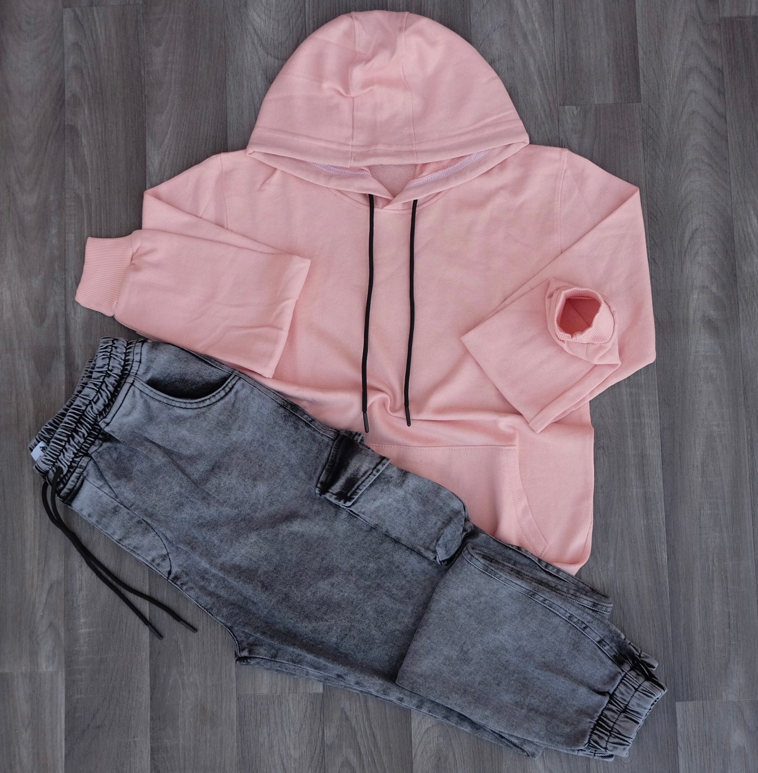 Ensemble Cargo Jeans Délavé Gris + Capuche Cotton Saumon