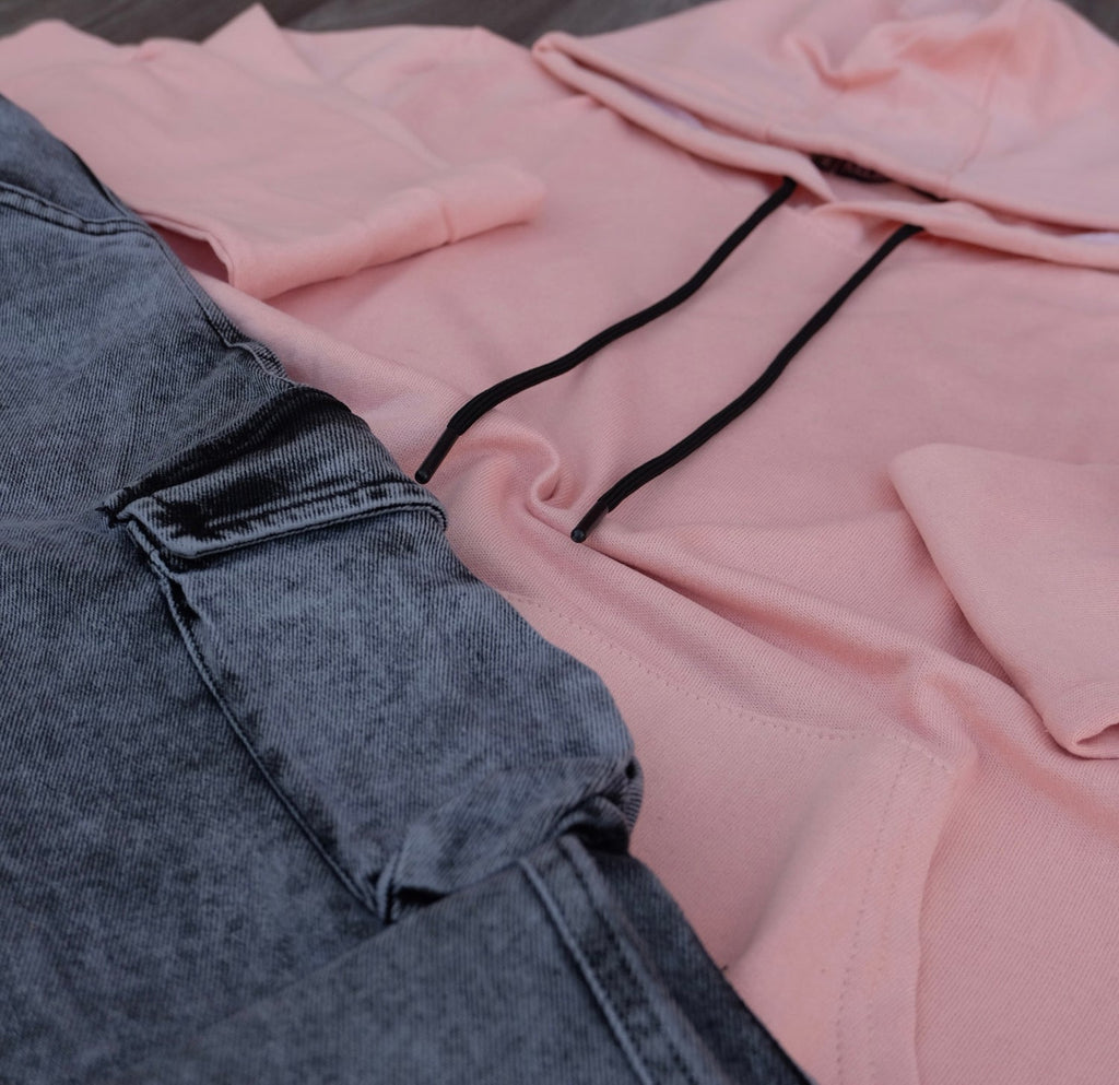 Ensemble Cargo Jeans Délavé Gris + Capuche Cotton Saumon