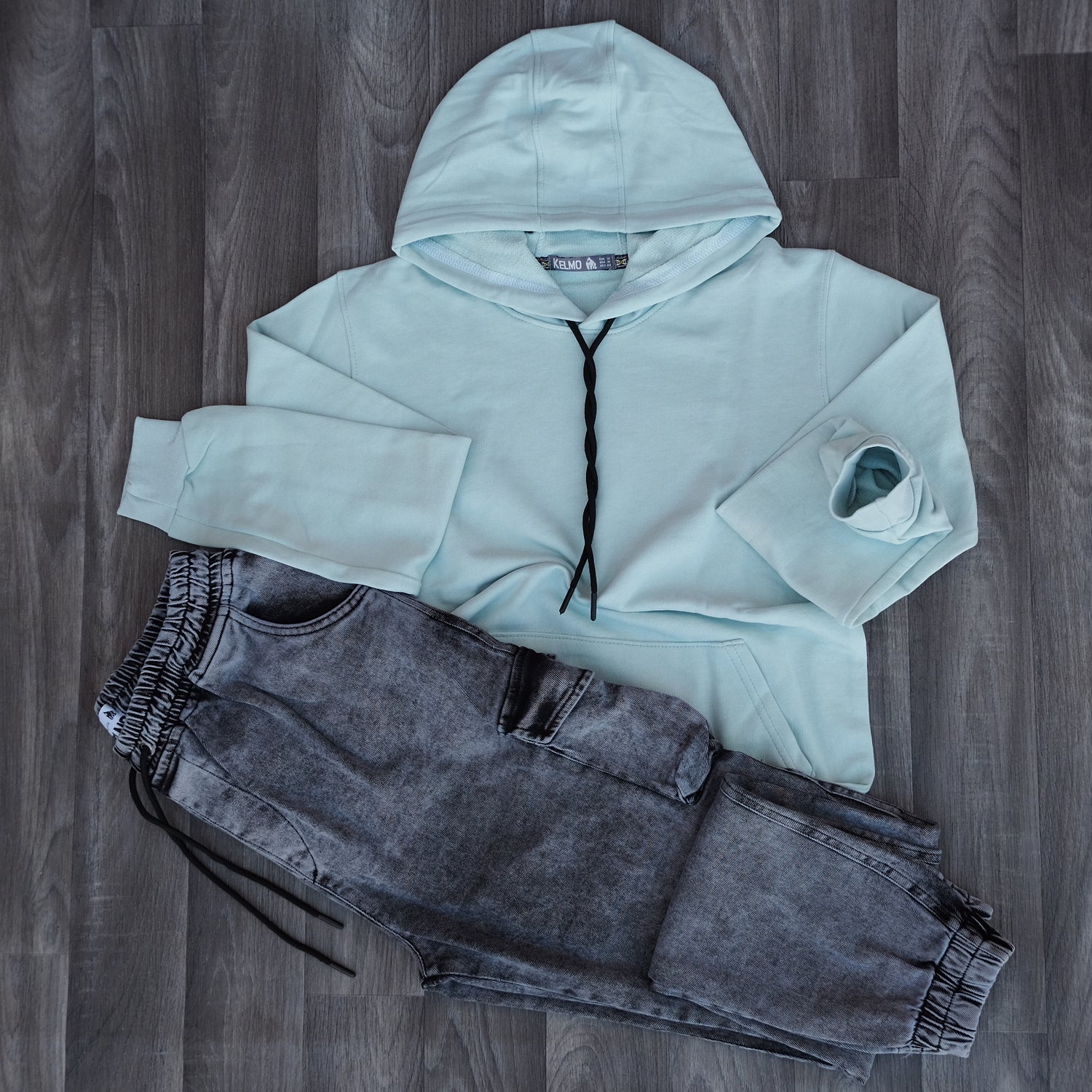 Ensemble Cargo Jeans Délavé Gris + Capuche Cotton Vert Nik