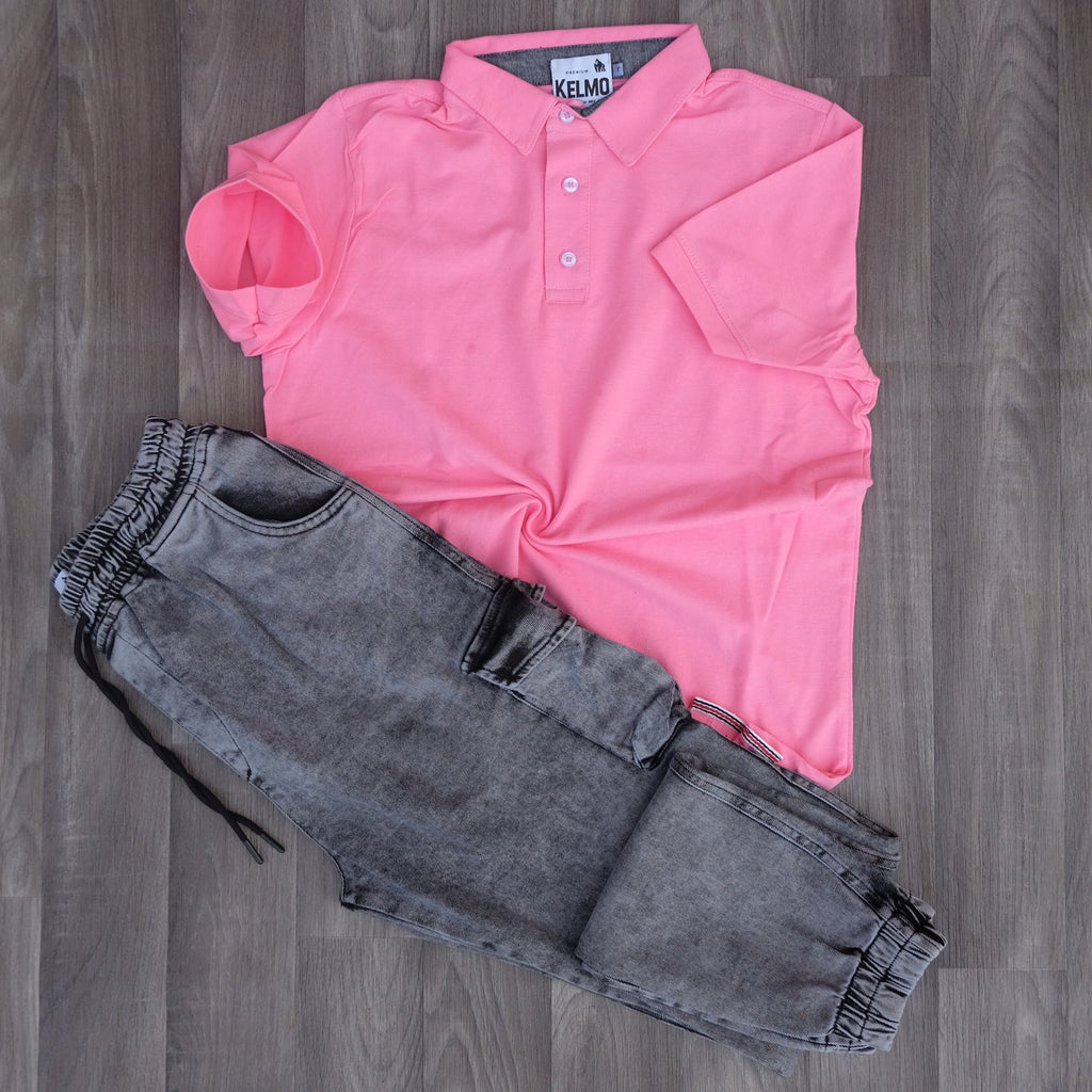 Ensemble Cargo Jeans Délavé Gris + Polo Rose Clair