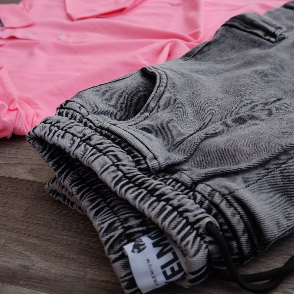 Ensemble Cargo Jeans Délavé Gris + Polo Rose Clair