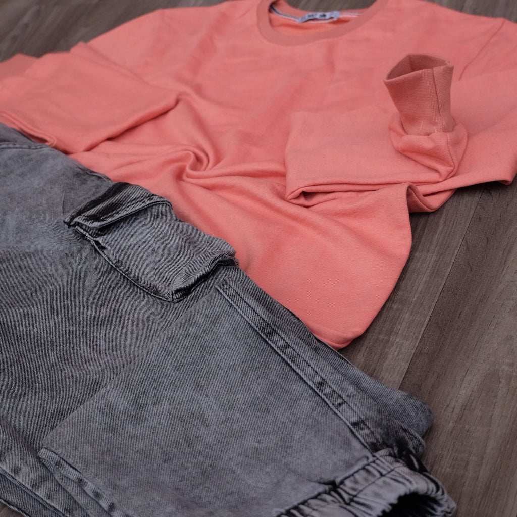Ensemble Cargo Jeans Délavé Gris + Sweat Mortadelle