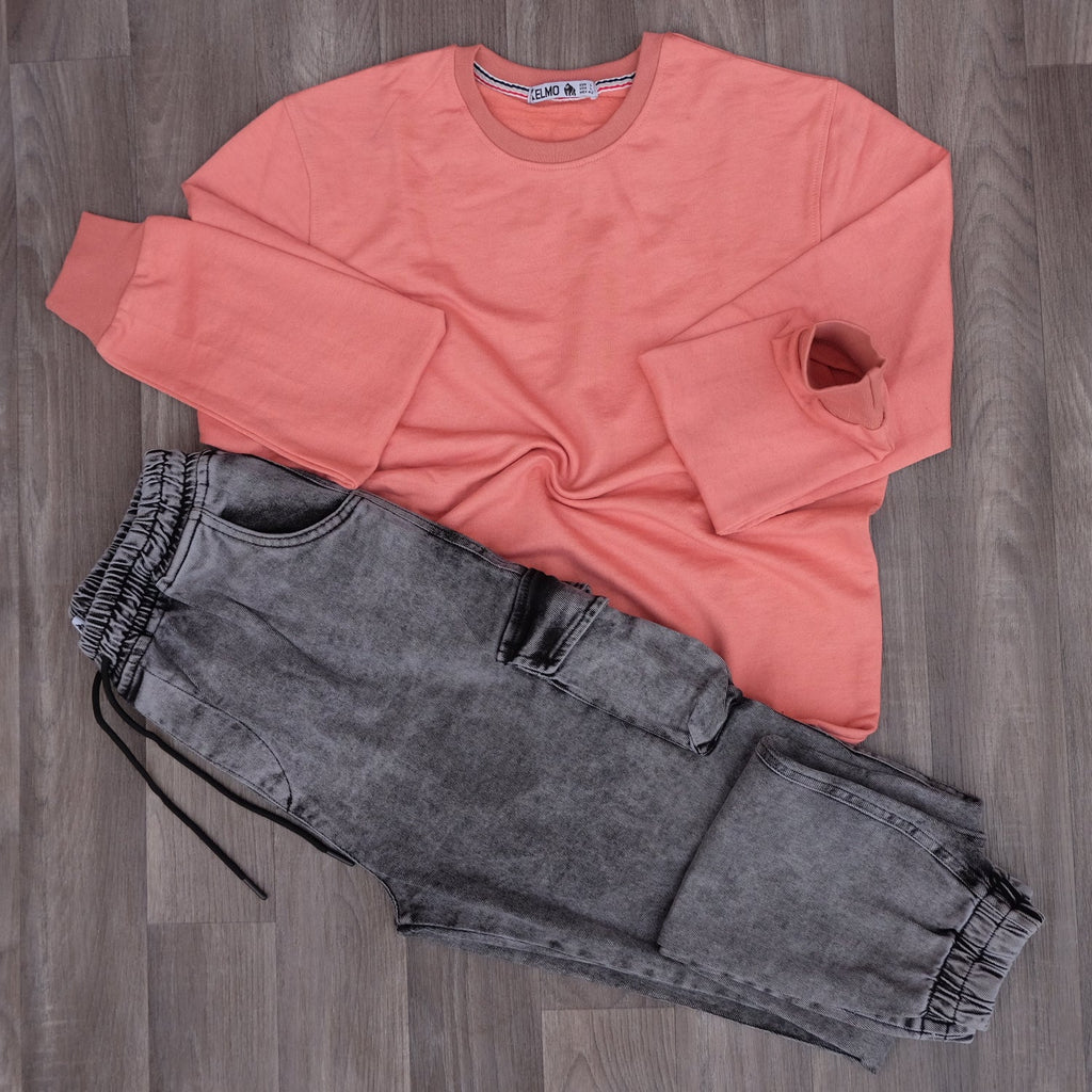 Ensemble Cargo Jeans Délavé Gris + Sweat Mortadelle