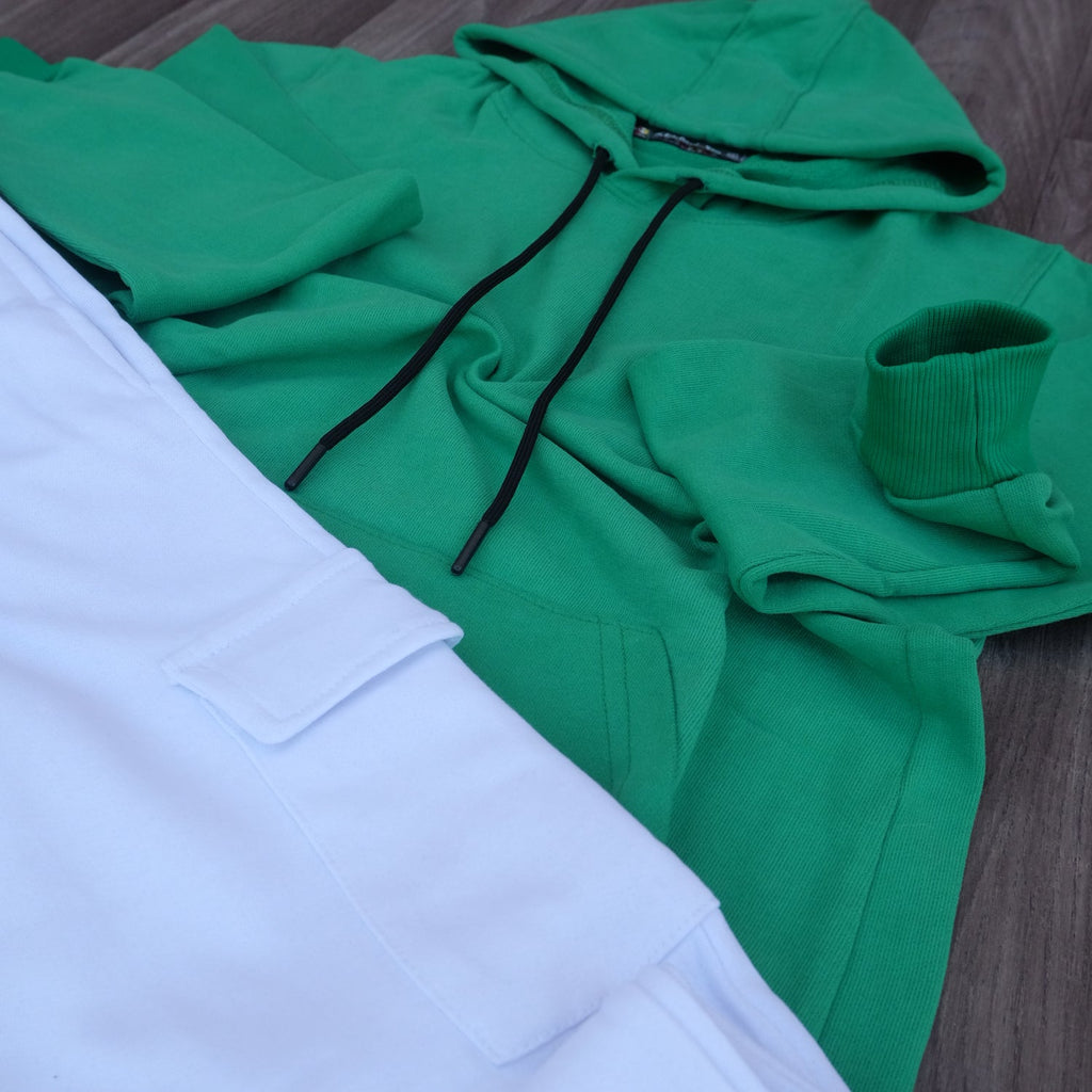 Ensemble Jogging Cargo Blanc + Capuche Cotton Vert Raj