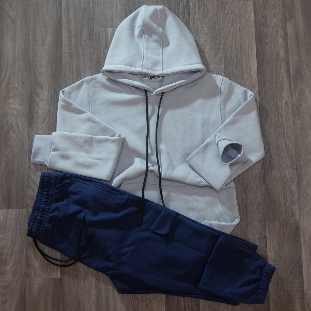 Ensemble Jogging Cargo Bleu Marine + Sweat à Capuche Gris Clair