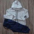 Ensemble Jogging Cargo Bleu Marine + Sweat à Capuche Gris Clair
