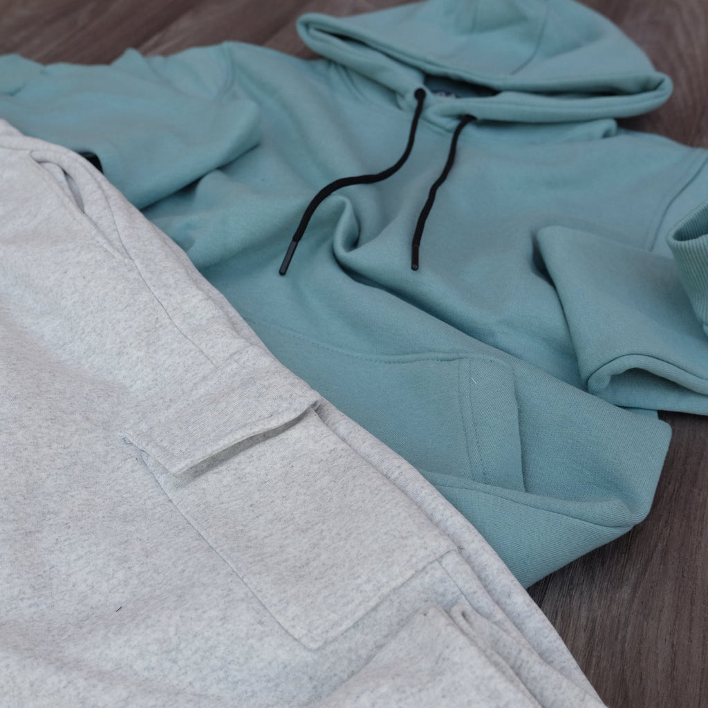 Ensemble Jogging Cargo Gris Chine Clair + Capuche Cotton Vert Eau