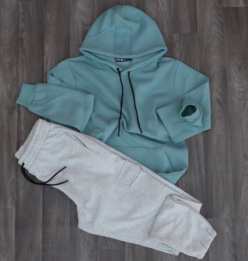 Ensemble Jogging Cargo Gris Chine Clair + Capuche Cotton Vert Eau