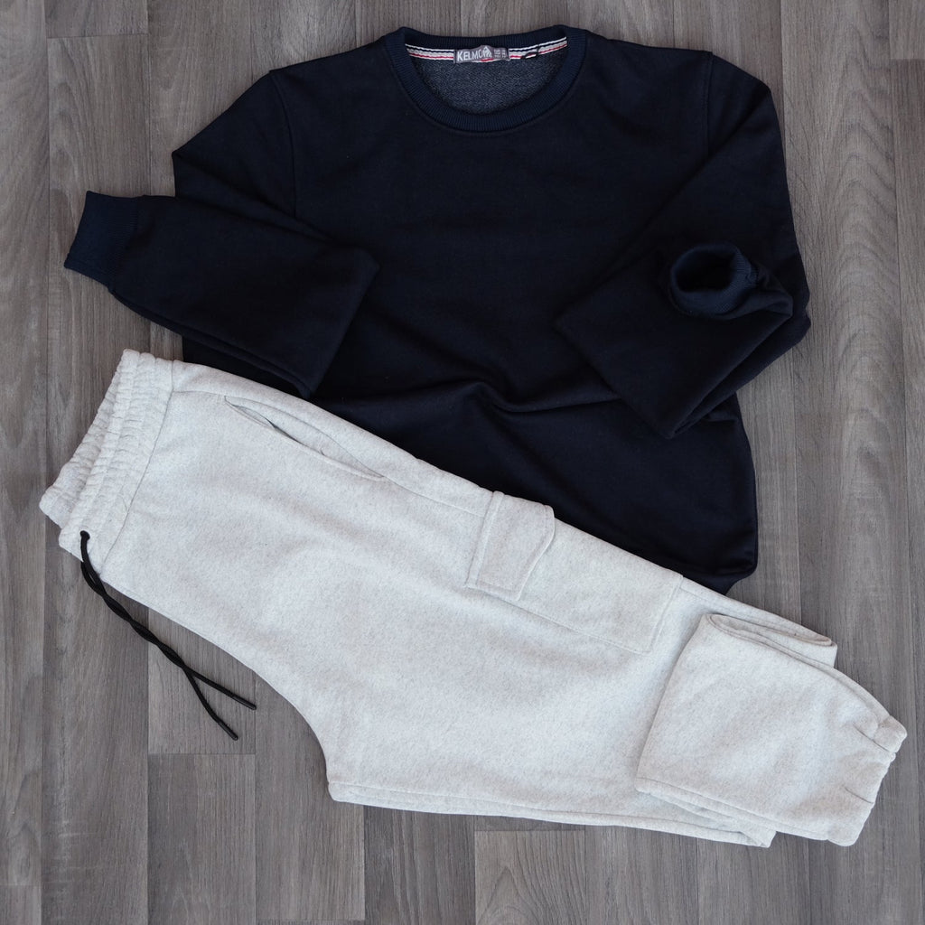 Ensemble Jogging Cargo Gris Chine Clair + Sweat Bleu Marine