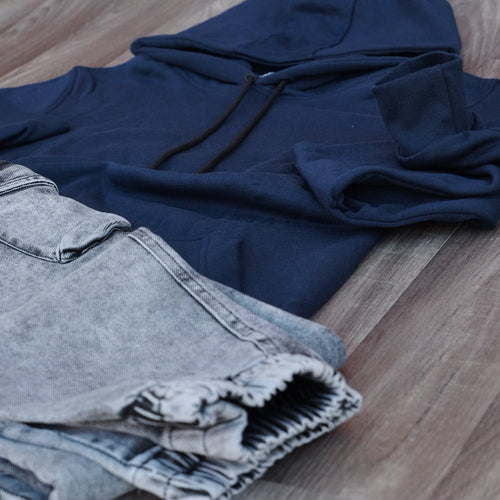 Ensemble Cargo Jeans Délavé Gris + Capuche Cotton Bleu Marine